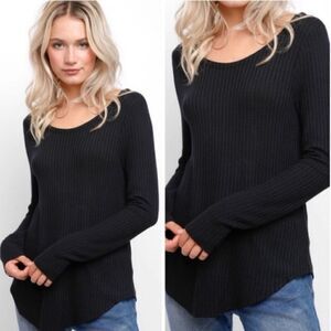 Chaser Black Waffle Thermal Modern Boho Feminine Casual Comfy
